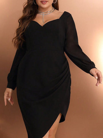Woochic robe cocktail à irrégulière et col en V grande taille ,noir